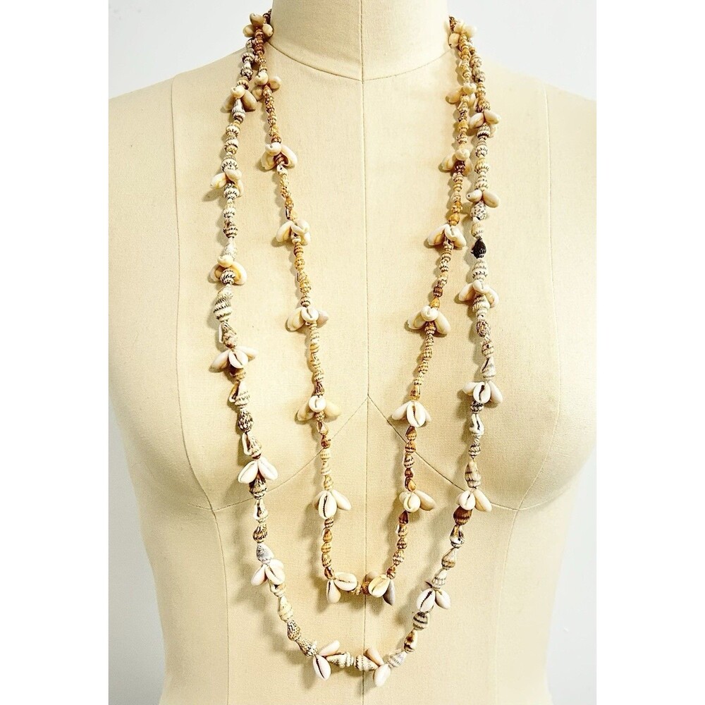 Cowrie Shell Necklace Double Strand Long Vintage Hawaiian Beach